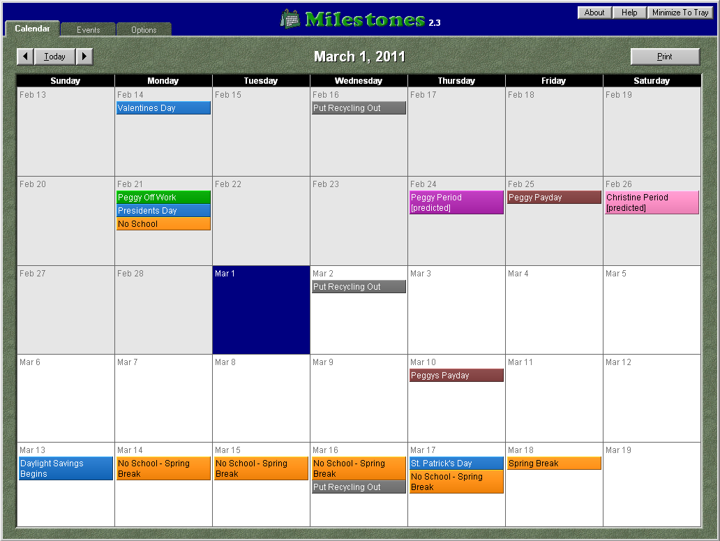 Milestones Calendar Software with Menstrual Calendar